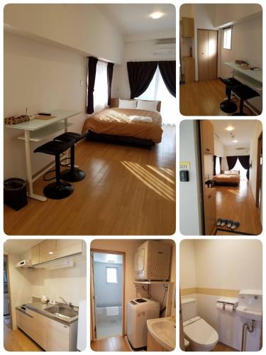 a collage of four pictures of a room at M´s Stay Okinawa in Chatan
