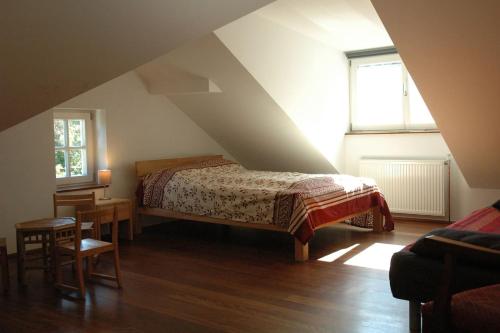 1 dormitorio en el ático con cama y ventana en Ruhige, große Ferienwohnung am Mühlberg, en Viena