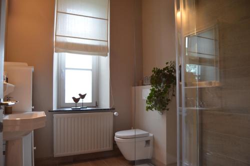 La salle de bains est pourvue de toilettes et d'une fenêtre. dans l'établissement Les Glaneuses, à Mettet