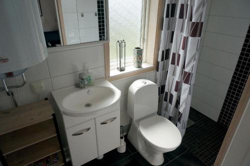 uma casa de banho com um WC, um lavatório e uma janela em Södra Emmetorpsgatan 31 em Borgholm