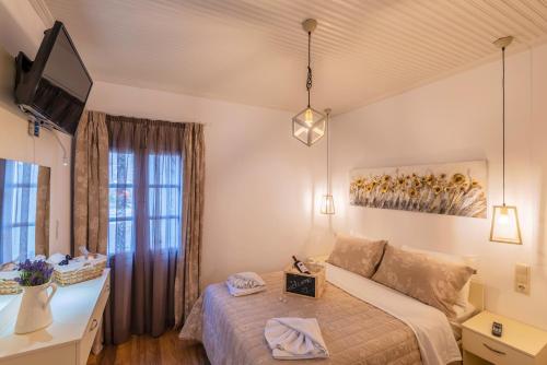a bedroom with a bed and a tv and a window at Anastasia House in Panagia