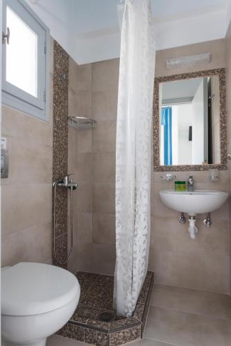a bathroom with a shower and a toilet and a sink at Villa Christina in Spetses