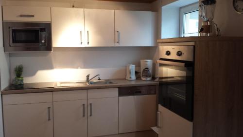 Dapur atau dapur kecil di Alpenblümchen Apts. der Kornauer Stuben