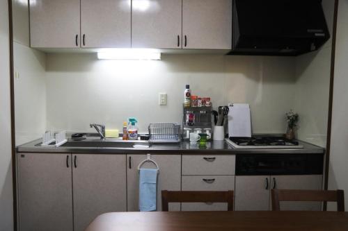 a small kitchen with a sink and a stove at Stay Omihachiman Ekimae Inn in Omihachiman