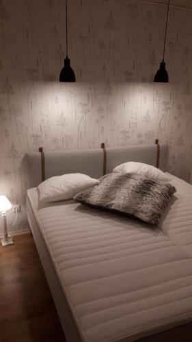 uma cama branca com 2 almofadas num quarto em Sportsmen´s Holiday House em Otepää