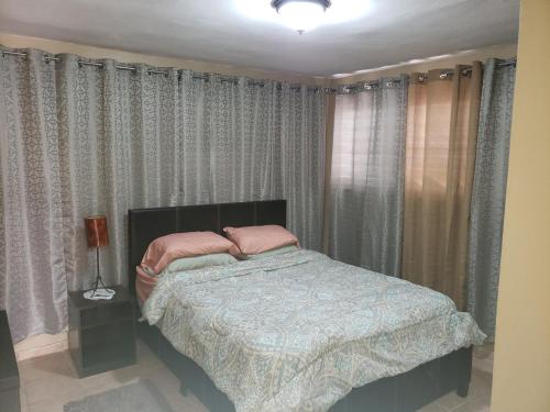 ein Schlafzimmer mit einem Bett mit rosa Kissen in der Unterkunft Cozy apartment near the beach (#3) in Fajardo