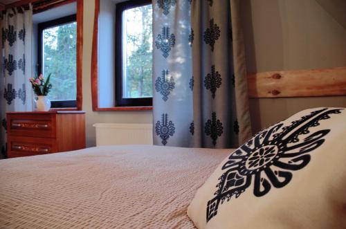 a bedroom with a bed and two windows at Willa Anna in Kościelisko