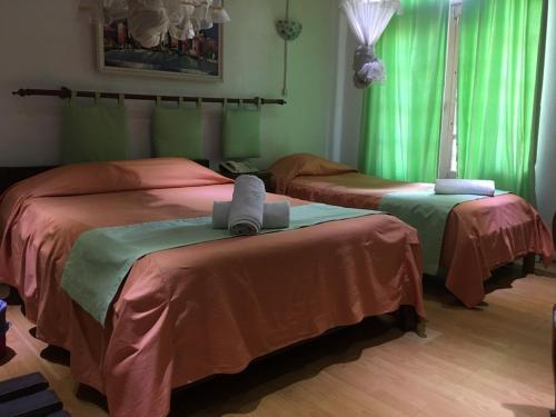 - 2 lits dans une chambre avec des rideaux verts dans l'établissement TANA-JACARANDA, à Antananarivo