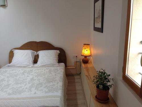 um quarto com uma cama com um candeeiro e uma planta em la maison ocre em Saint-Julien-de-Briola