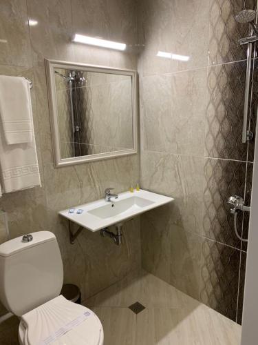 a bathroom with a white toilet and a sink at Hotel Galant in Sofia