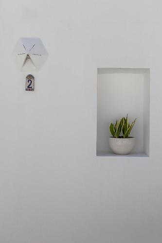 a white wall with a plant and a clock at Radiant Santorini in Mesaria