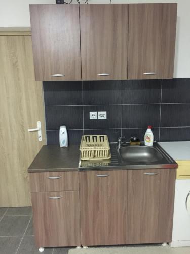 a kitchen with wooden cabinets and a sink at Apartmani LazaDora in Boljevac