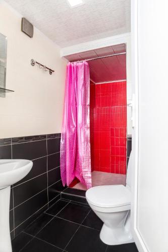 a bathroom with a toilet and a red shower at HOME 6 in Tbilisi City