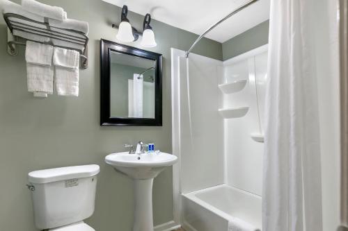 ein weißes Bad mit einem Waschbecken und einer Dusche in der Unterkunft Rodeway Inn Bristol near Sesame Place in Levittown