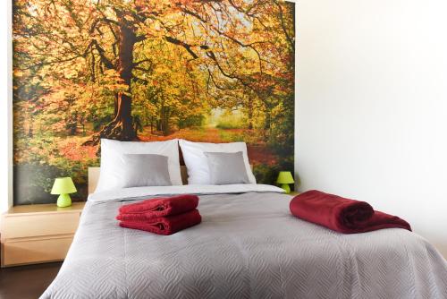 a bed with two red towels on top of it at APARTAMENT CENTRUM - 2 z miejscem parkingowym in Toruń