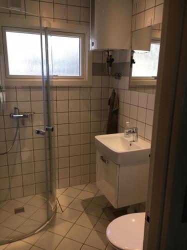 a bathroom with a sink and a shower and a toilet at Midtvejshuset in Rønne