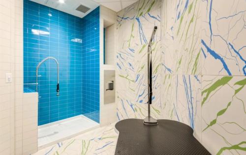a bathroom with a shower with a black table in it at Global Luxury Suites Bethesda Chevy Chase in Bethesda