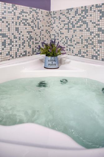 a bath tub filled with water with a pot of flowers in it at Fior Di Loto Rooms in Cagliari