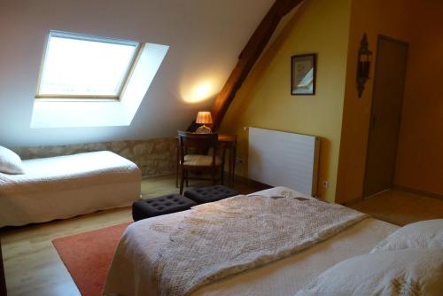 - une chambre mansardée avec 2 lits et une fenêtre dans l'établissement Domaine de la Maison Neuve, à Saint-Jean-Saint-Germain