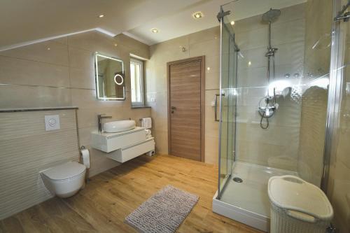 a bathroom with a shower and a toilet and a sink at CAMBI LUX APARTMENT in Otok