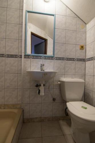 a bathroom with a sink and a toilet and a mirror at Apartmany Pohořaly in Rokytnice nad Jizerou