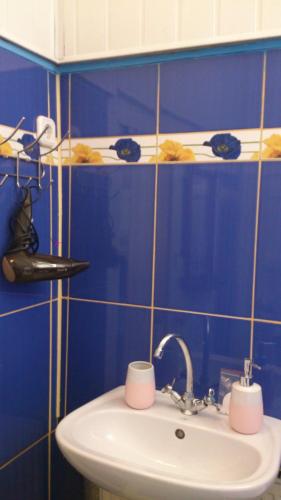 a bathroom with a sink and a blue wall at Villa Svalyavа in Svalyava