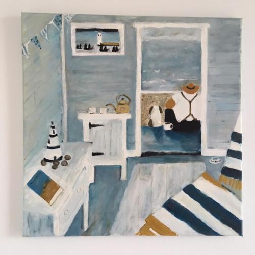 a painting of a living room with a table at Apartament w kratkę in Dębki