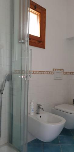 a bathroom with a sink and a shower and a toilet at Residenze Coda Cavallo in San Teodoro