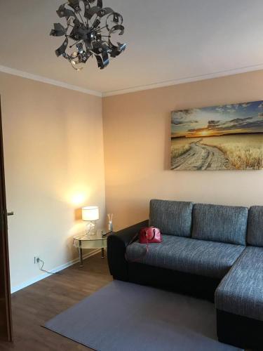 a living room with a couch and a chandelier at Central-Apartment-Adria in Saarbrücken