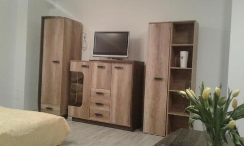 a bedroom with a tv and a wooden entertainment center at Pokoje do Wynajęcia - Sen na Mazurach in Mikołajki