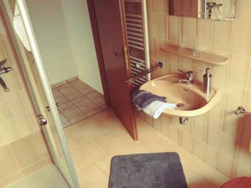 a bathroom with a sink and a shower at Ferienwohnung Schwantje in Aurich