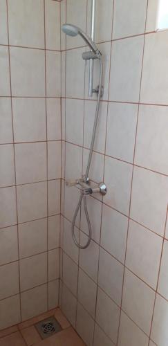 W wyłożonej kafelkami łazience znajduje się prysznic z głowicą prysznicową. w obiekcie Arany apartman Zsóry w Mezőkövesd