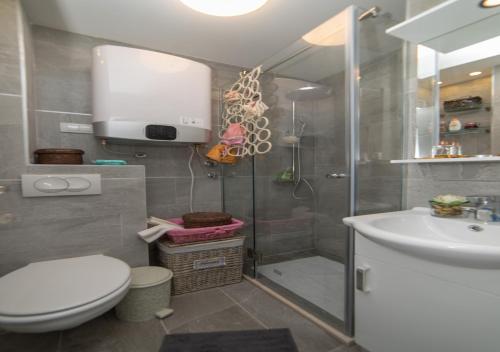 un bagno con doccia, WC e lavandino di Twins a Rafailovici