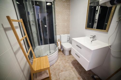 a bathroom with a sink and a shower and a toilet at Lawendowo- sauna, basen, domki w ogrodzie i apartamenty w kamienicy in Sandomierz