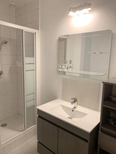 une salle de bain blanche avec un lavabo et une douche dans l'établissement UN BALCON SUR LA MER, ACCES DIRECT A LA PLAGE, à Granville