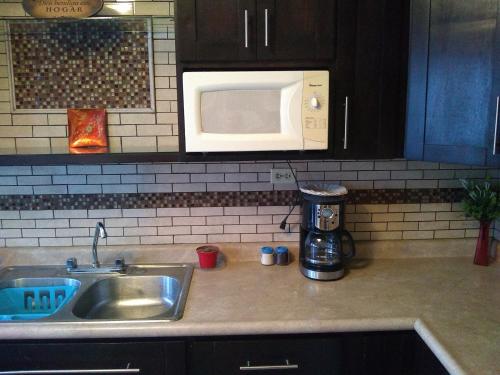 a kitchen counter with a sink and a microwave at LUNA APARTMENT in Puerto Peñasco