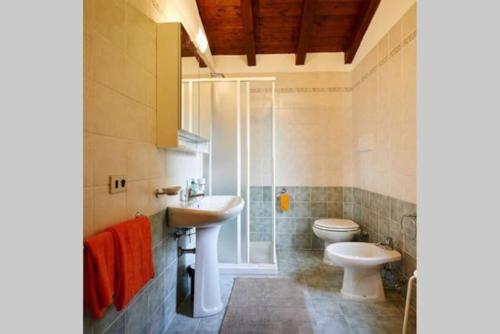 een badkamer met een wastafel, een toilet en een douche bij New Attic Lake View 5 in Varenna