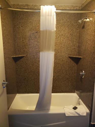 a bath tub with a shower curtain in a bathroom at Portofino Inn Burbank in Burbank