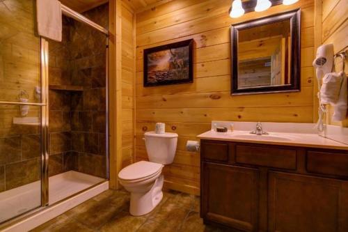 y baño con aseo, ducha y lavamanos. en Grand View Lodge House Home, en Pigeon Forge