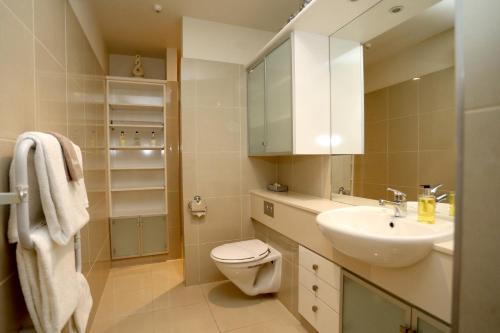 a bathroom with a sink and a toilet and a mirror at Two Bedroom Apartment on the water in Picton