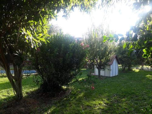 a small white house in a yard with trees at Hostal Casa Galerna de La Montaña in San José de Maipo