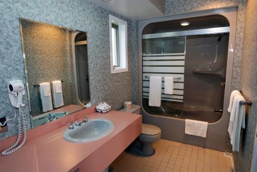a bathroom with a sink and a toilet and a mirror at Daigle's Motel in Saint Leonard