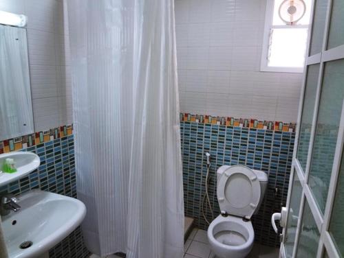 a bathroom with a toilet and a sink and a shower at Plaza Hotel in Muscat