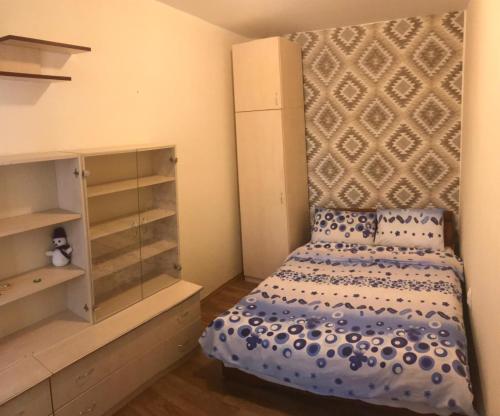 クルジュ・ナポカにあるCatchy Apartmentの小さなベッドルーム(ベッド1台、ドレッサー付)