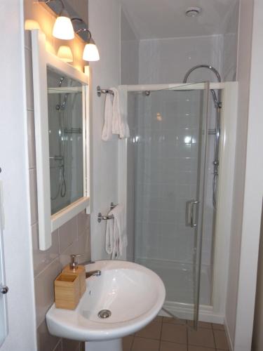 Un baño blanco con lavabo y ducha en La Vergne, en Saint-Martin-des-Combes