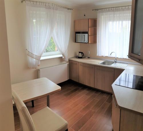 a kitchen with a table and a sink and a window at Villa Mechelinka in Mechelinki