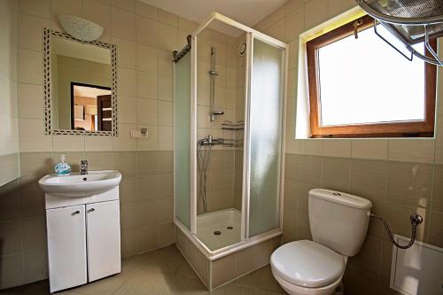 y baño con aseo, lavabo y ducha. en Domek Letniskowy Melon House en Gródek Nad Dunajcem