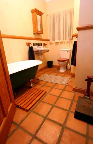 a bathroom with a green tub and a toilet at The Farmhouse B&B in Port Elizabeth