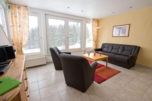 ein Wohnzimmer mit einem Sofa und einem Tisch in der Unterkunft Haus Panorama Sankt Andreasberg in Sankt Andreasberg