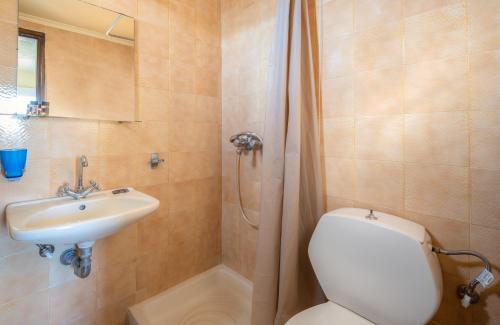 een badkamer met een toilet, een wastafel en een douche bij Thomas Hotel in Monólithos
